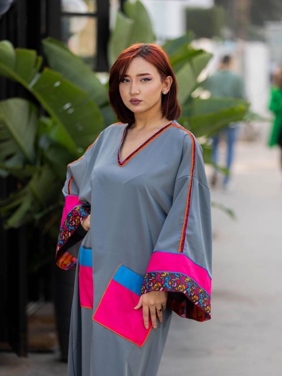 Handmade Dresses & Skirts - Gray Kaftan Dress with Pink & Blue Accent
